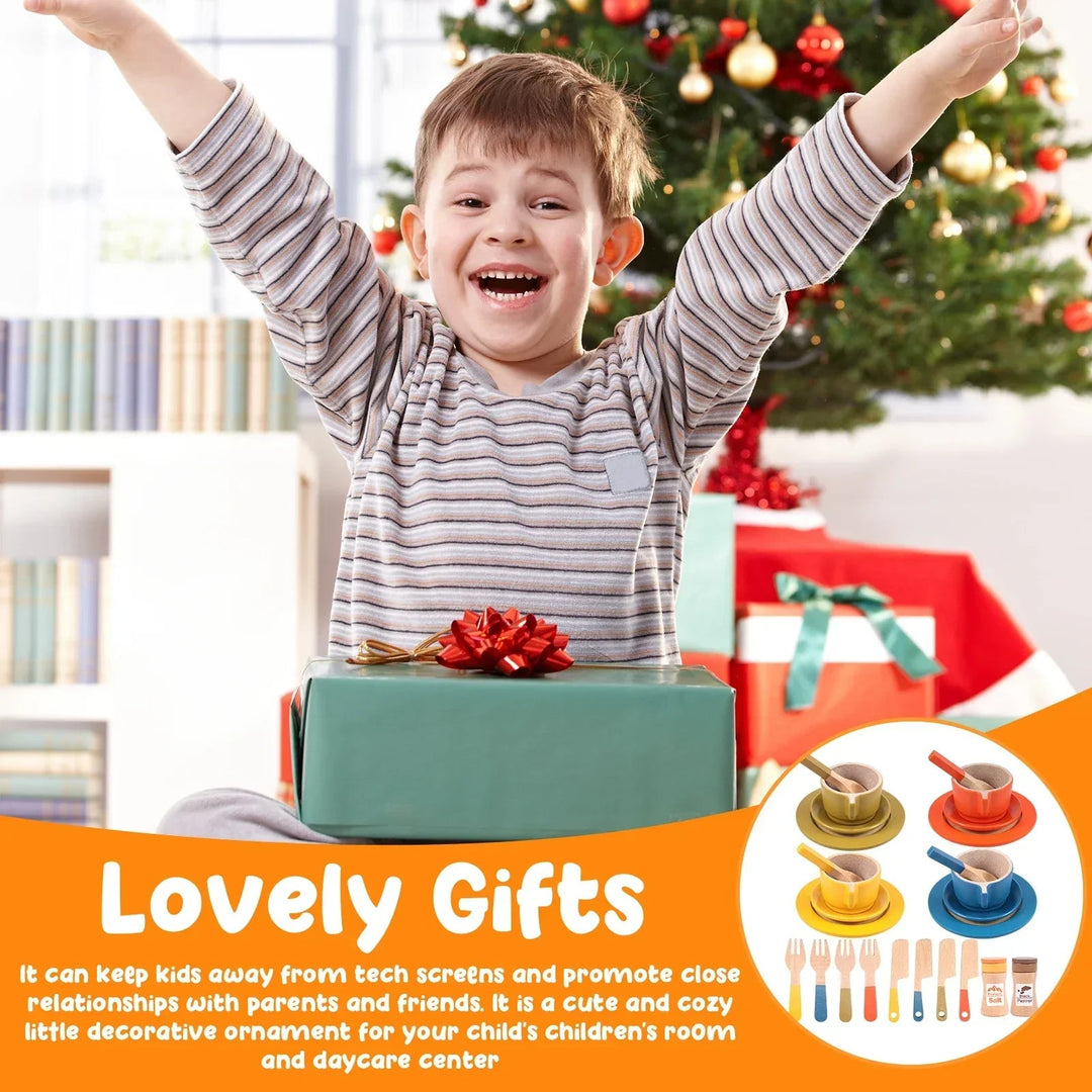 Child celebrating beside a wrapped gift, with an inset of the colorful wooden kitchen play set