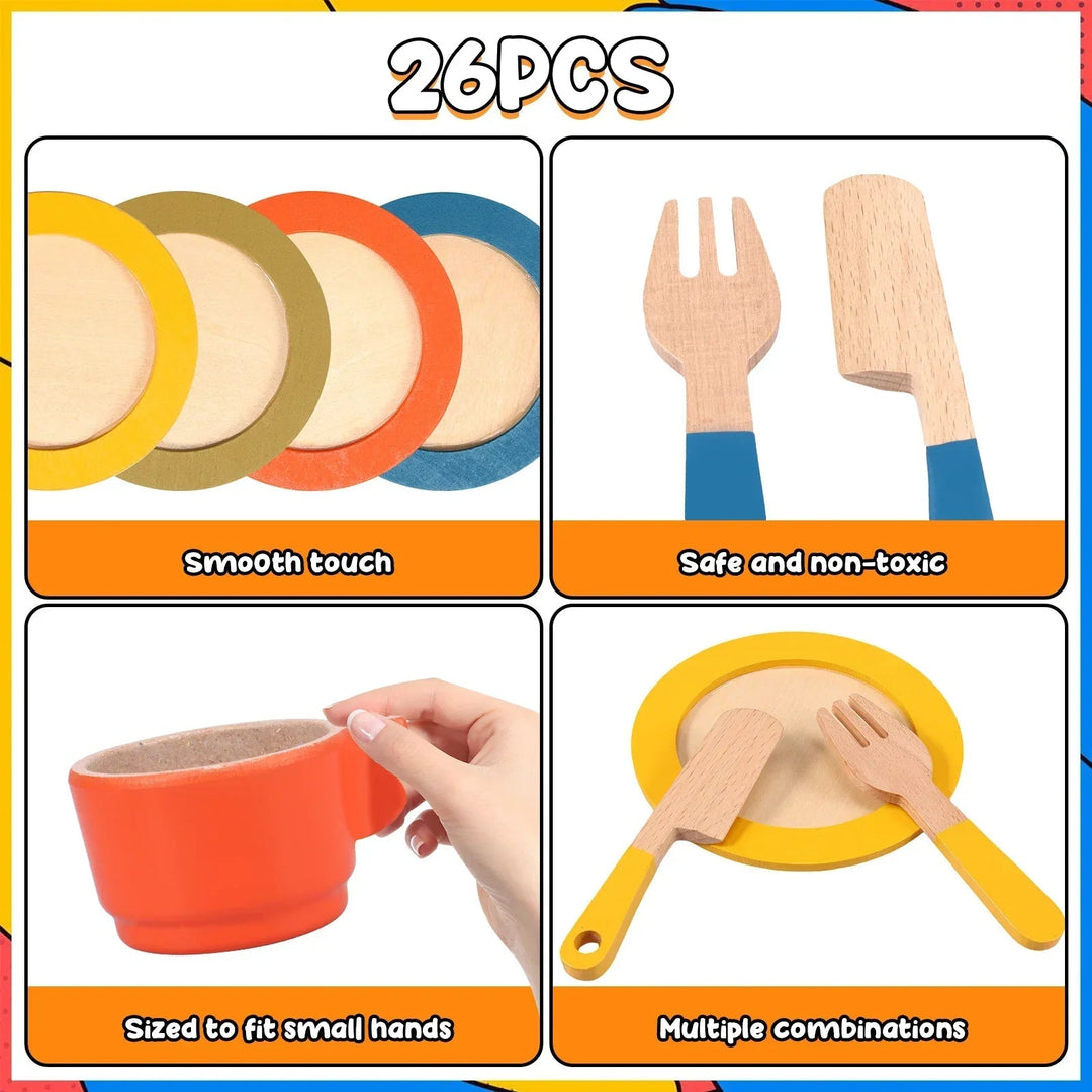 Close-ups of plates, a cup, a fork, and a flat utensil from the 26-piece wooden kitchen play set