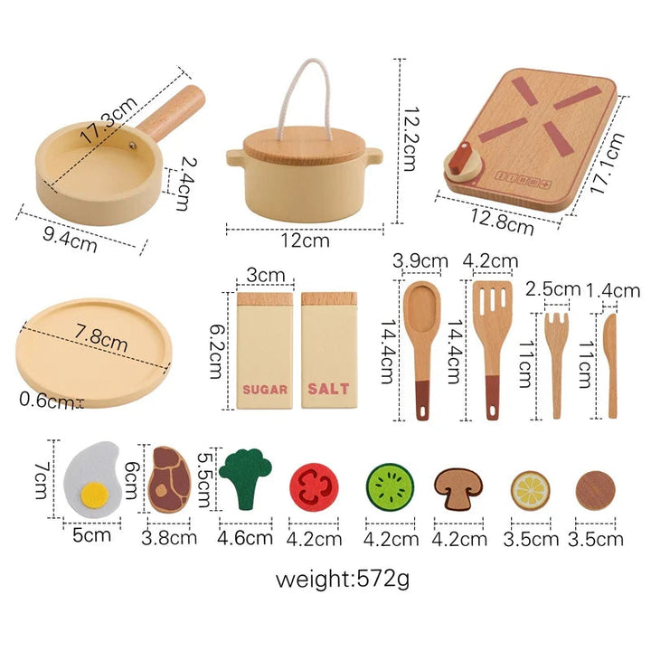 Measurement chart for the wooden stovetop, cookware, utensils, plate, and play food