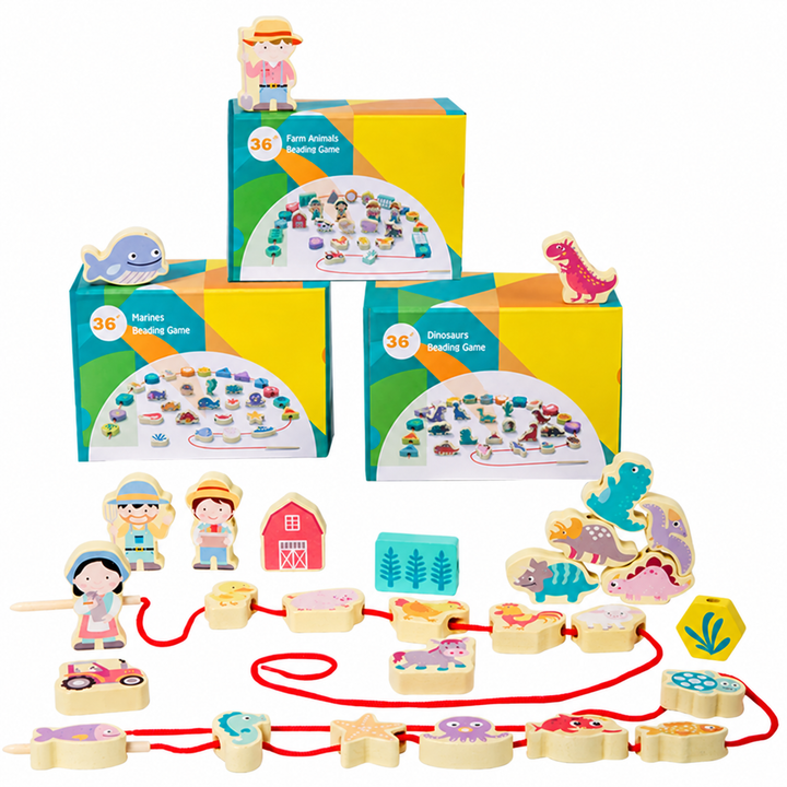 Three boxed wooden lacing sets with animal, dinosaur, and farm-themed beads and red cords.