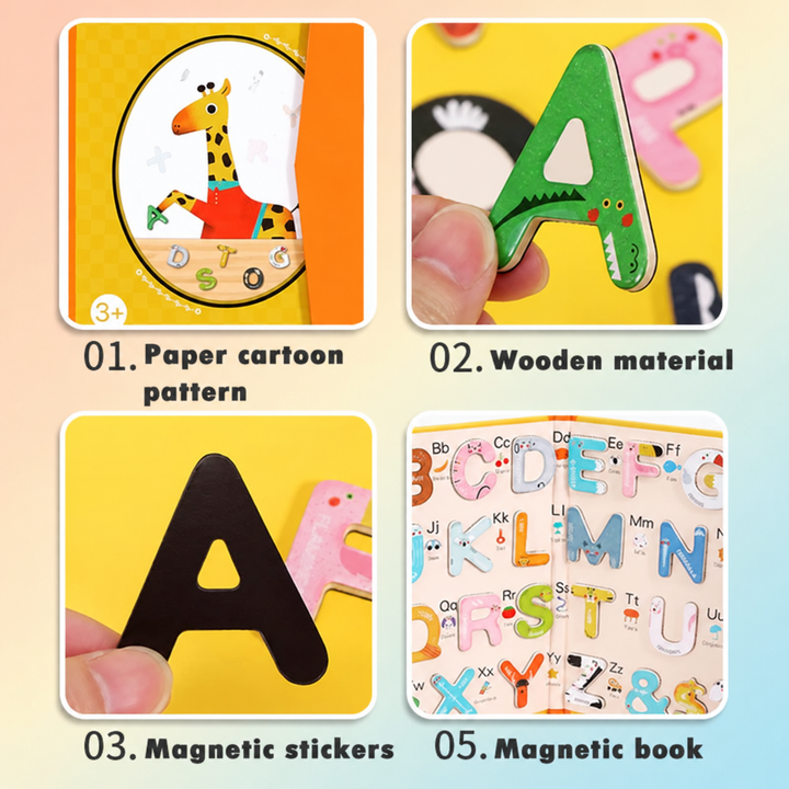 Close-ups of illustrated wooden letter pieces, magnetic backing, and the alphabet matching board