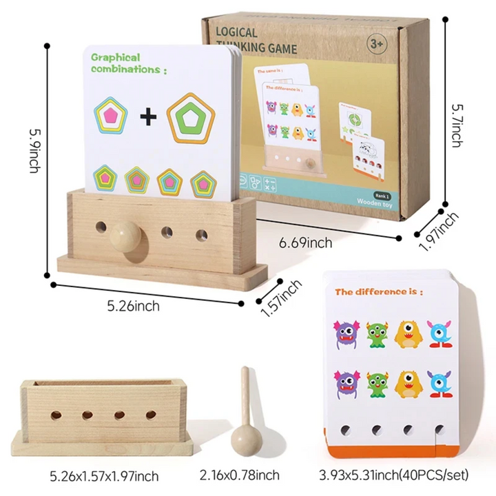 Dimensions for the wooden card holder, answer key, puzzle cards, and game box.