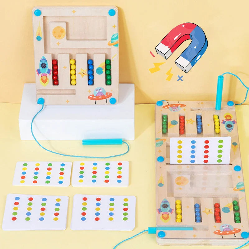 Wooden magnetic color-sorting boards in one- and two-player versions with pattern cards and turquoise wands