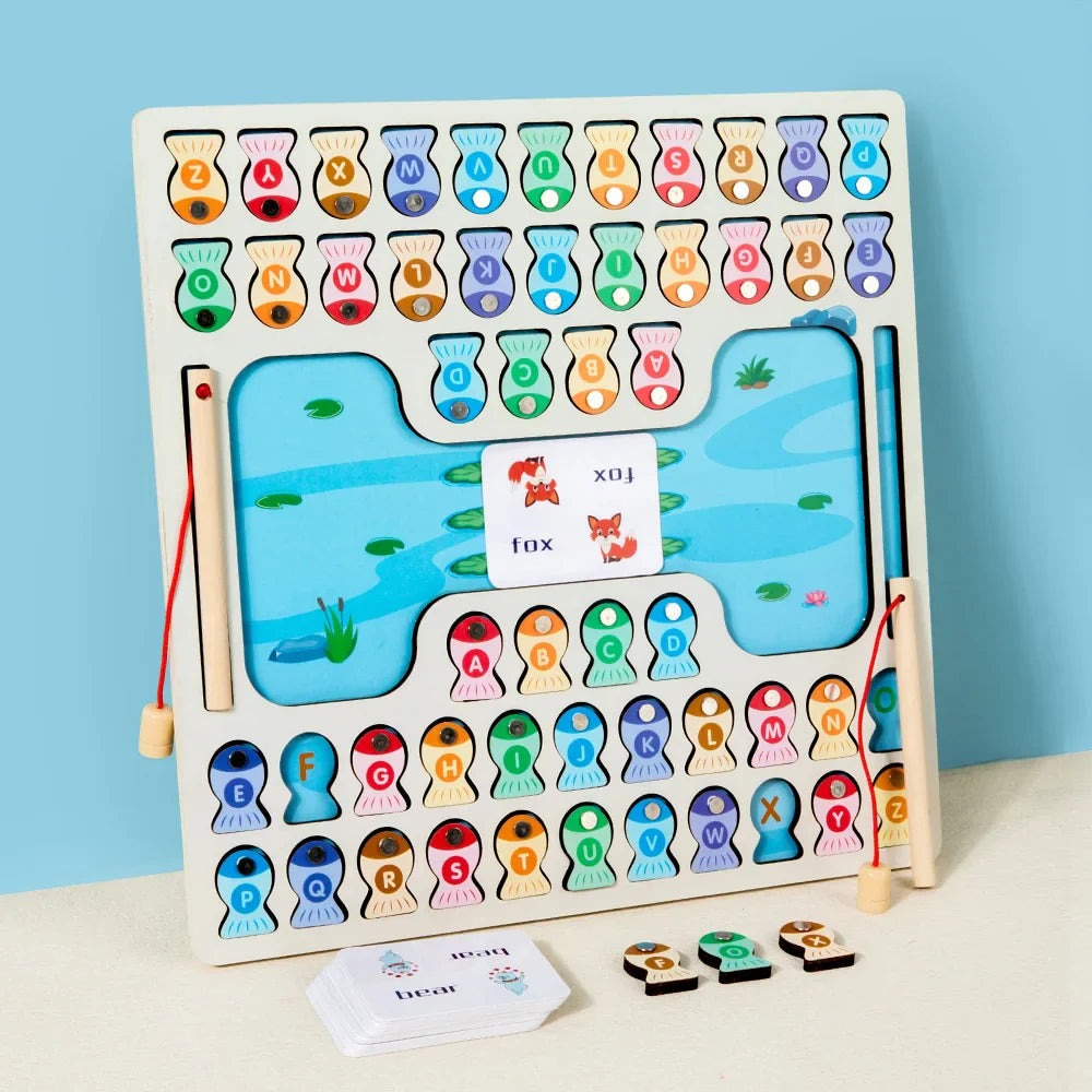 Wooden magnetic fishing board with colorful fish, two rods, and picture cards