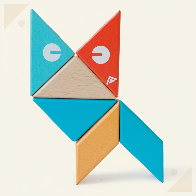 Wooden magnetic geometric pieces arranged into a colorful cat shape