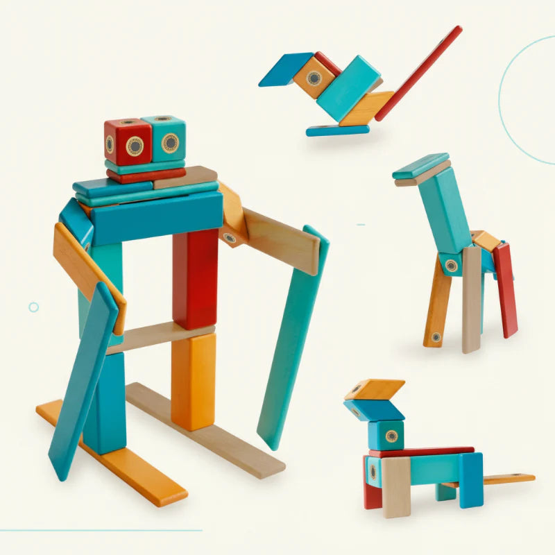 Colorful wooden magnetic blocks arranged as a robot and several animal figures