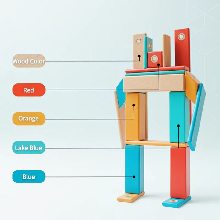 Wooden magnetic block robot with labels identifying natural wood, red, orange, and blue colors