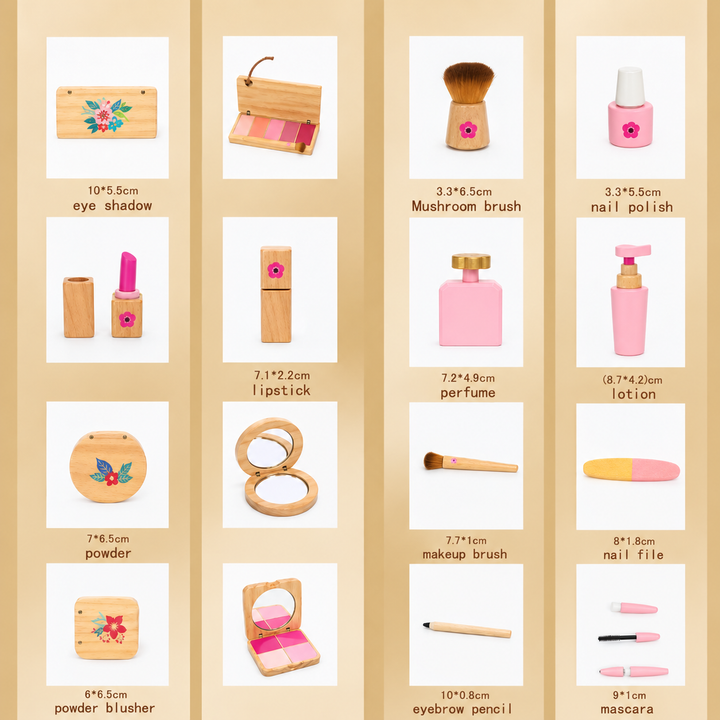 Measurement chart showing individual wooden makeup play accessories and their sizes