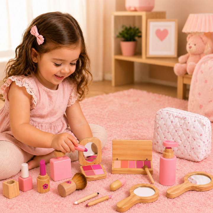 Child playing with wooden makeup accessories beside the patterned storage bag