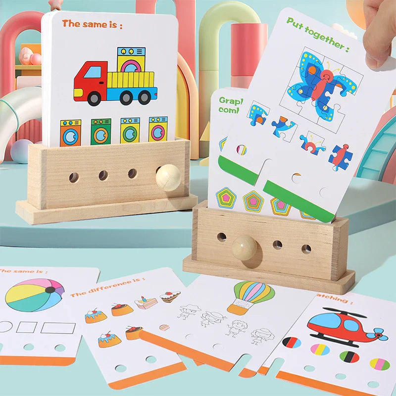Wooden matching puzzle bases with colorful question cards and answer pegs