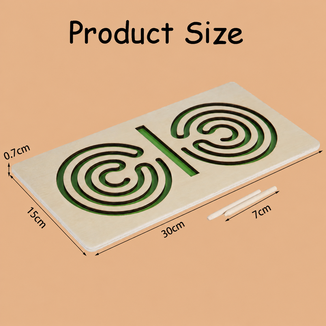 Green wooden maze board measuring 30 x 15 x 0.7 cm, with a 7 cm stylus shown alongside