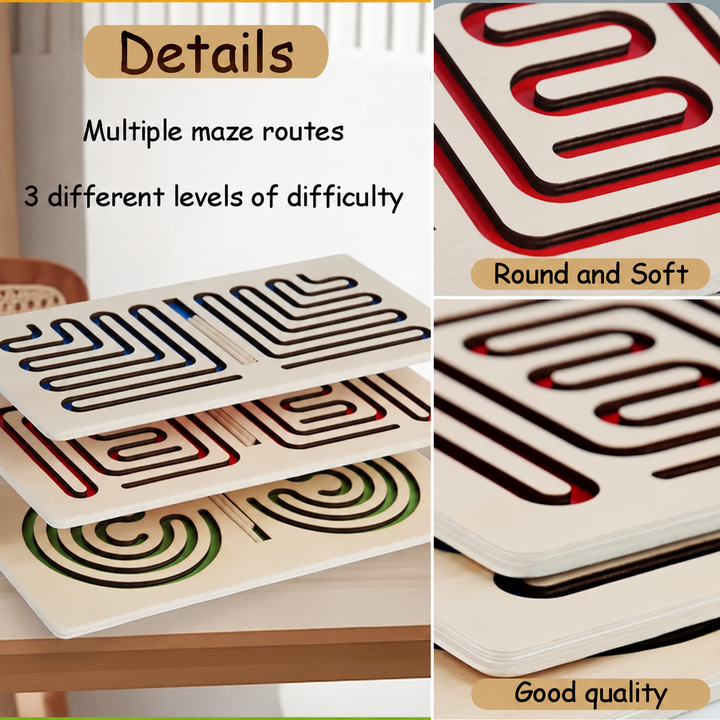 Wooden maze boards with different colored routes and close-up views of the tracks and layered edges
