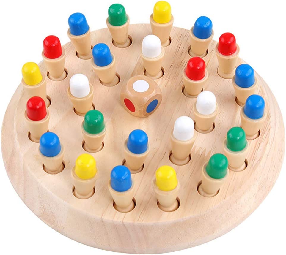 Round wooden memory game board with multicolored peg ends and a color-dot die