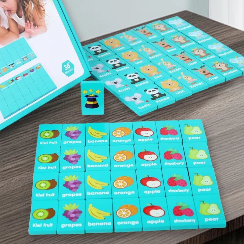 Wooden memory matching game with turquoise animal and fruit tiles beside the box