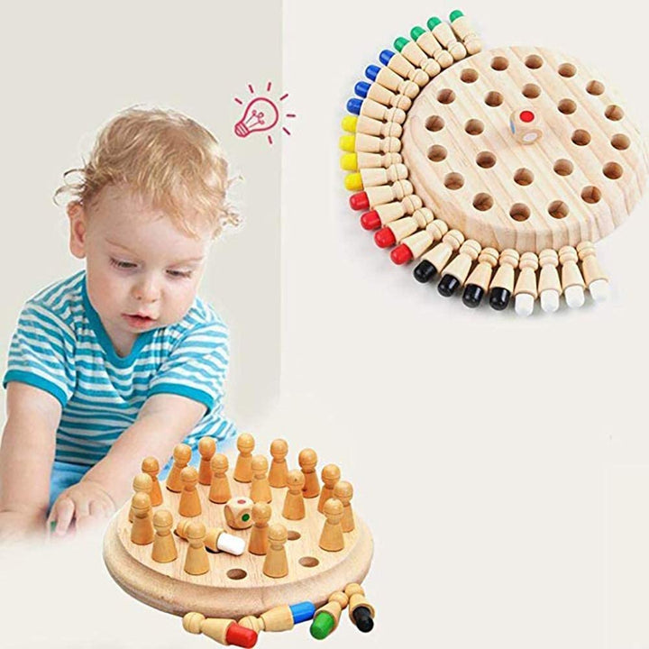 Child playing a wooden memory game beside an overhead view of the board and colored pegs