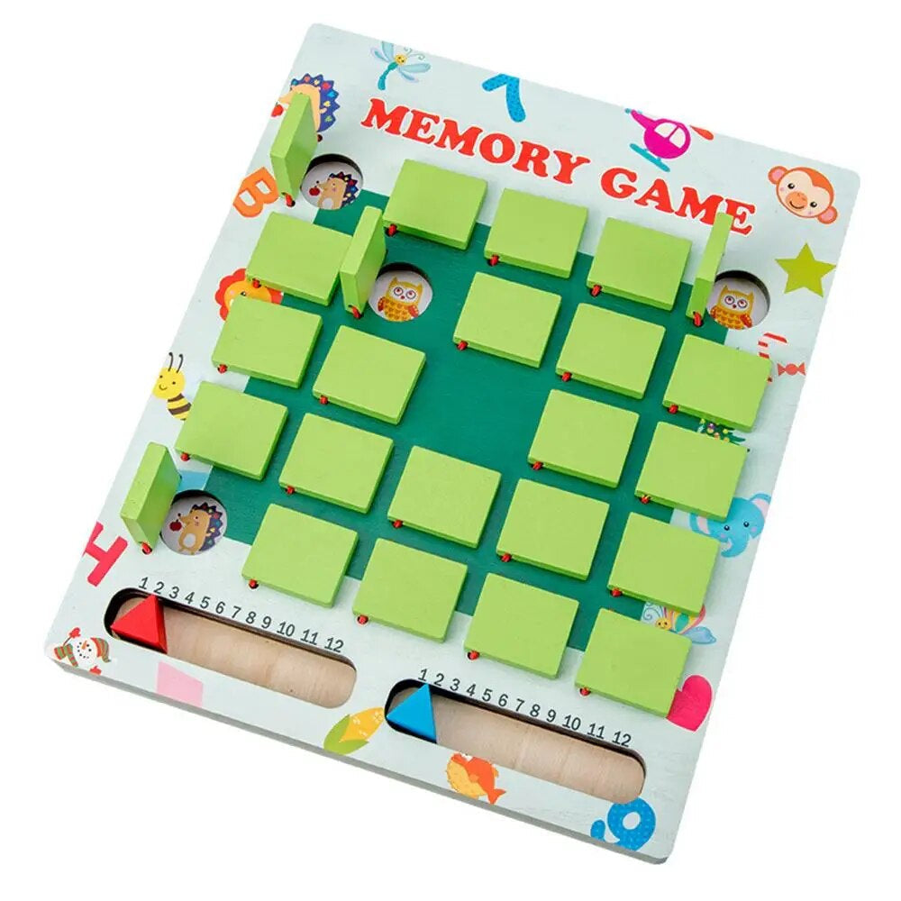 Wooden memory game board with green covers, colorful picture symbols, and two numbered tracks.
