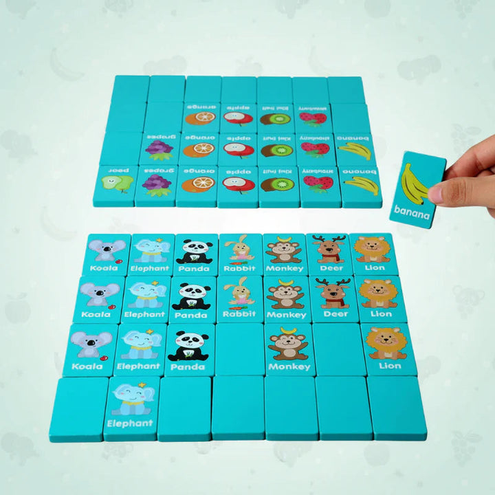 Animal and fruit tile layouts with a banana tile held beside the set