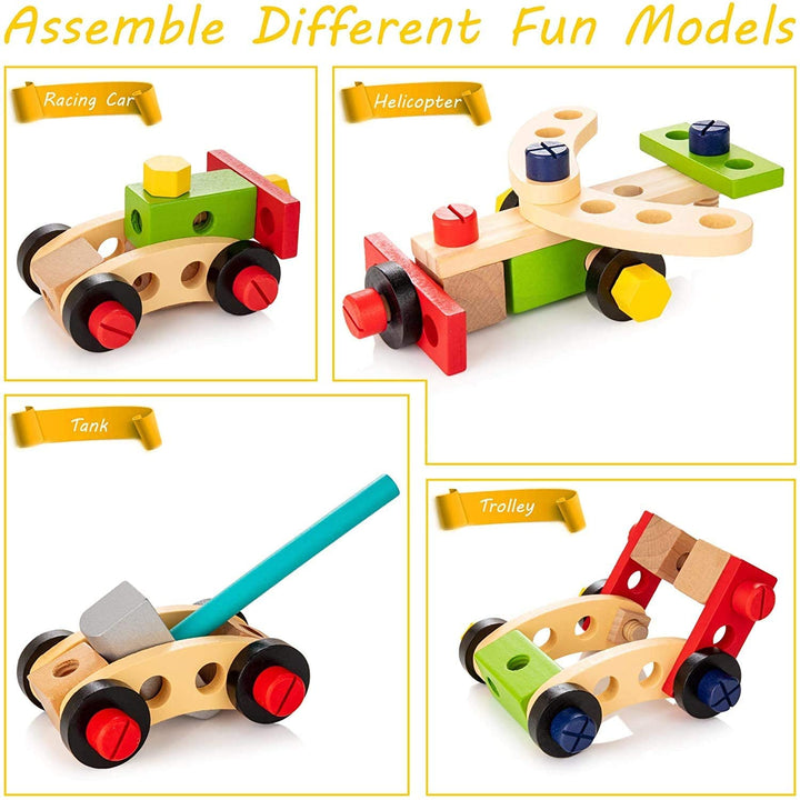Wooden building models shaped as a race car, helicopter, tank, and trolley