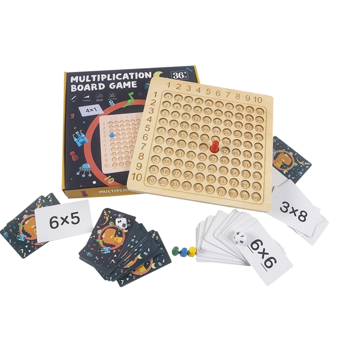 Wooden multiplication board game with box, math cards, two dice, and four colored tokens
