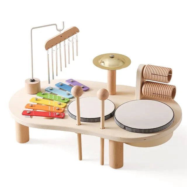 Wooden music playset with rainbow xylophone, two drums, hanging chimes, cymbal and wooden rattles