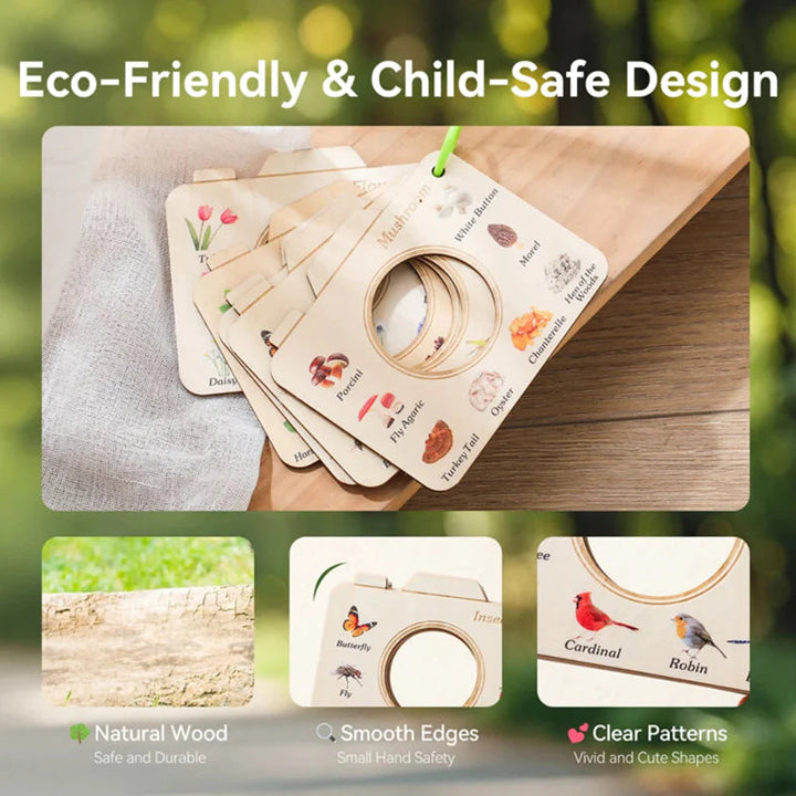 Fanned wooden nature frames with close-ups of the wood, smooth edges, and bird illustrations