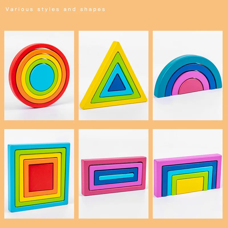 Nested wooden circles, triangles, rainbow arches, squares, and rectangles in bright colors