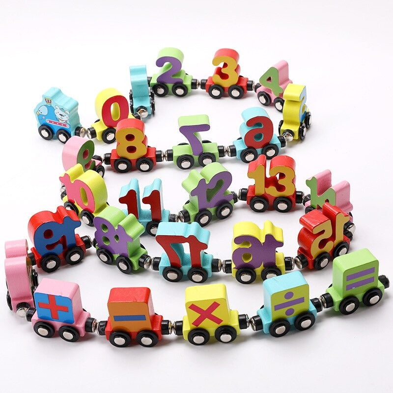 Wooden number train cars with colorful numerals and math symbols.