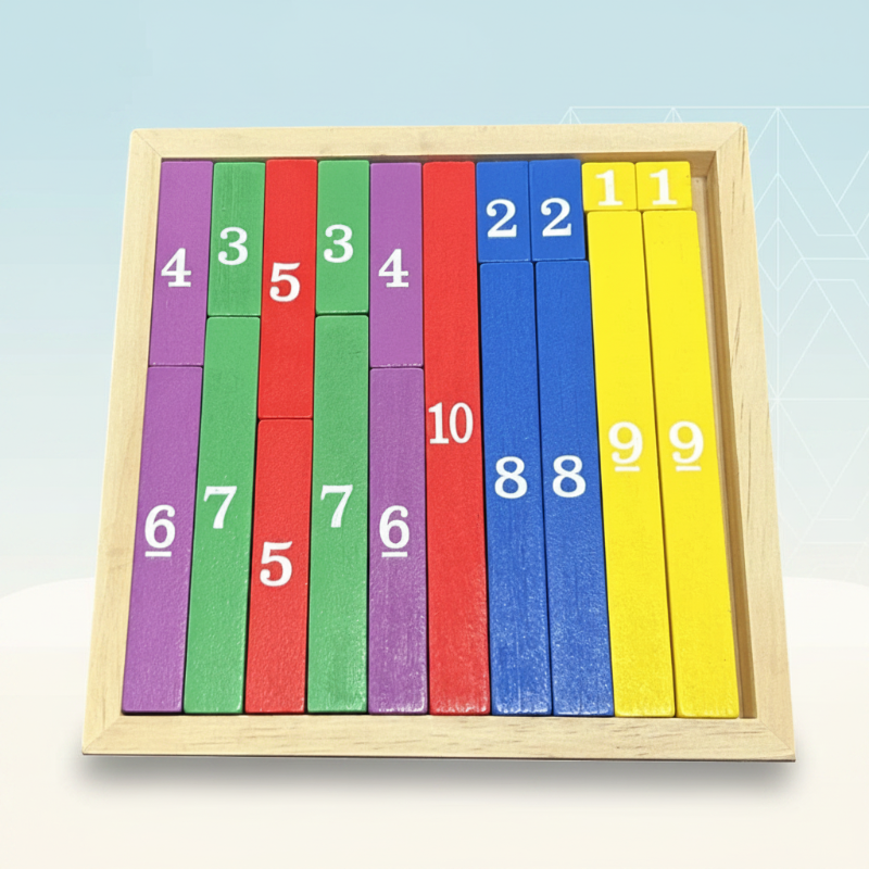 Colorful wooden number pieces fitted into a square puzzle tray