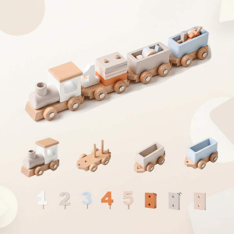 Wooden number train with an engine, three cars, and removable number pieces