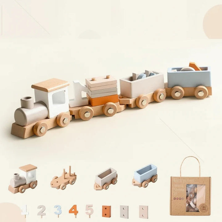 Wooden number train with a locomotive, three cars, removable numbers, stacking pieces, and tiles