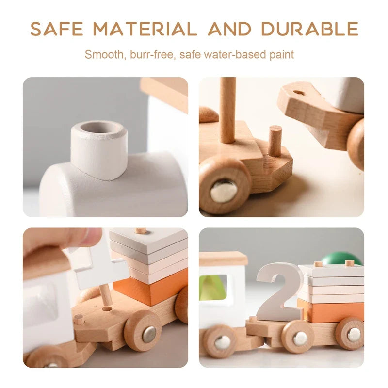 Close-ups of the wooden locomotive, wheels, pegs, and removable stacking pieces
