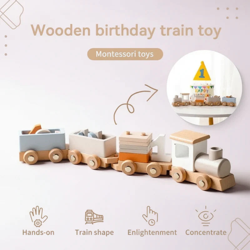 Wooden number train with pastel cars and a small birthday display inset