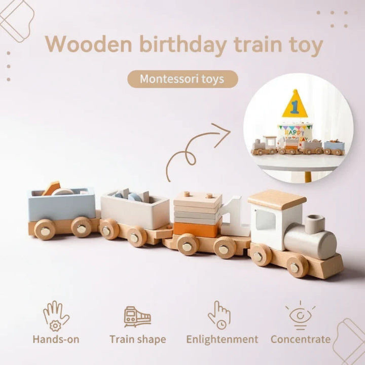 Wooden number train with pastel cars and a small birthday display inset