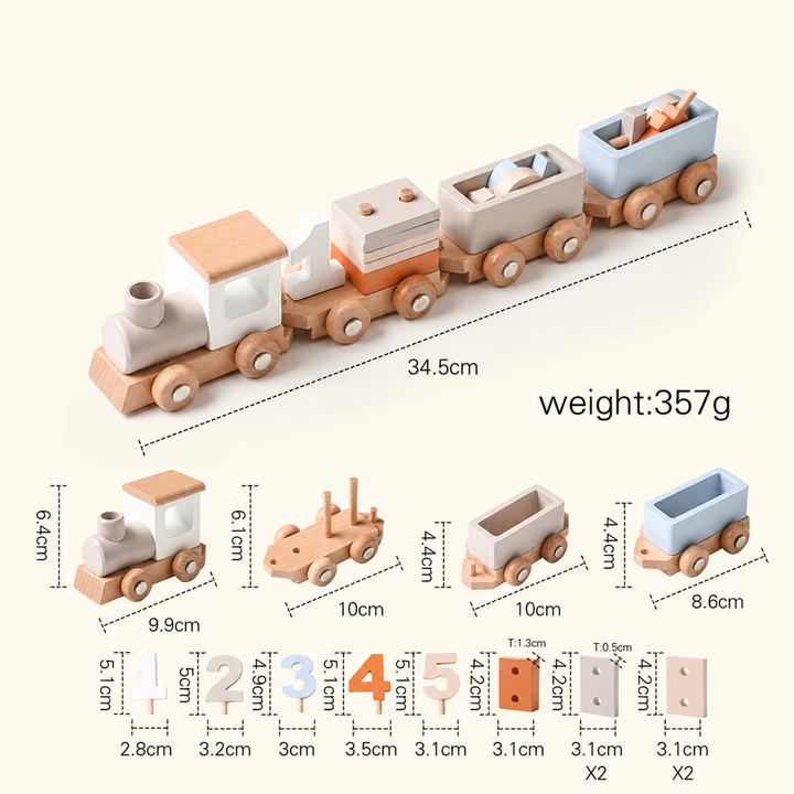 Number train measurement chart showing a 34.5 cm total length and individual parts