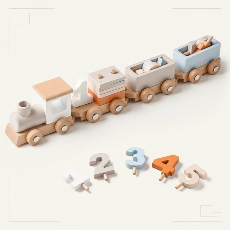 Wooden number train with three cars and removable numbers one through five