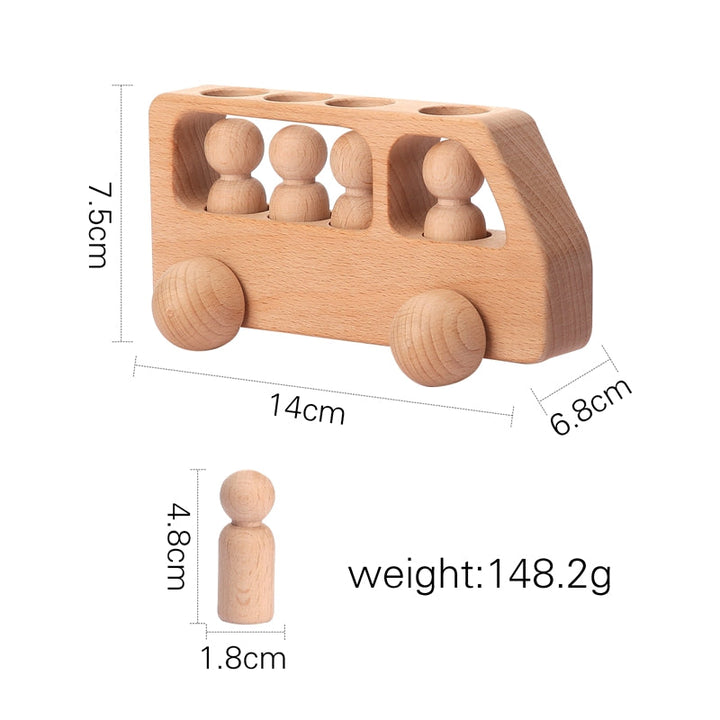Wooden bus with peg passengers and labeled bus and passenger measurements