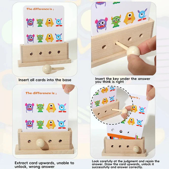 Four-step demonstration of inserting a question card and checking an answer with the wooden peg
