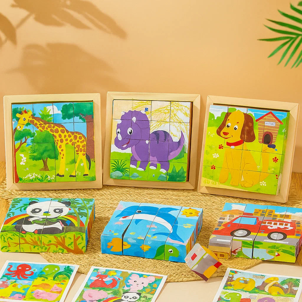 Wooden block puzzles with giraffe, dinosaur, dog, panda, dolphin, and fire engine pictures.