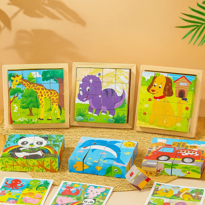Wooden block puzzles with giraffe, dinosaur, dog, panda, dolphin, and fire engine pictures.