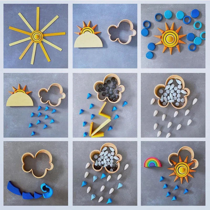 Nine weather-themed arrangements with suns, clouds, raindrops and a rainbow