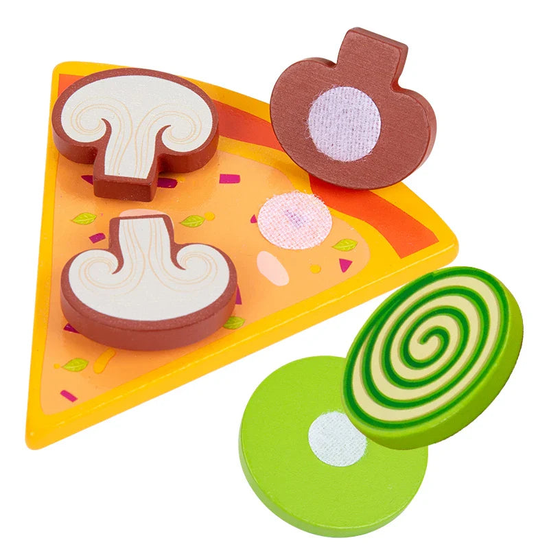 Wooden pizza slice and removable pieces with round fastening patches