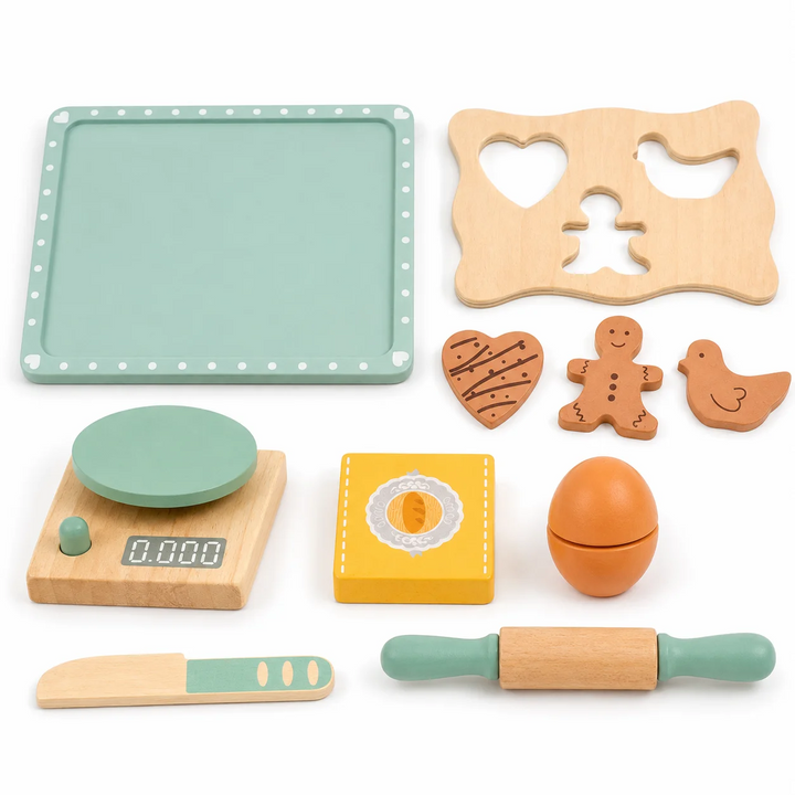 Wooden baking accessories laid out with cookie board, tray, toy egg, flour block, scale, and rolling pin