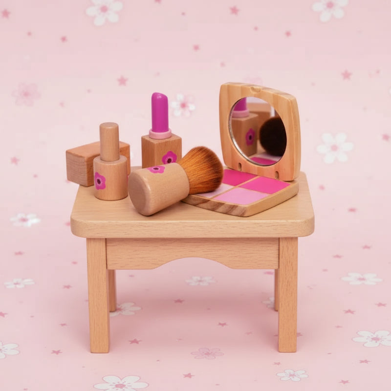 Wooden pretend cosmetics, a brush, and an open compact displayed on a small wooden stool