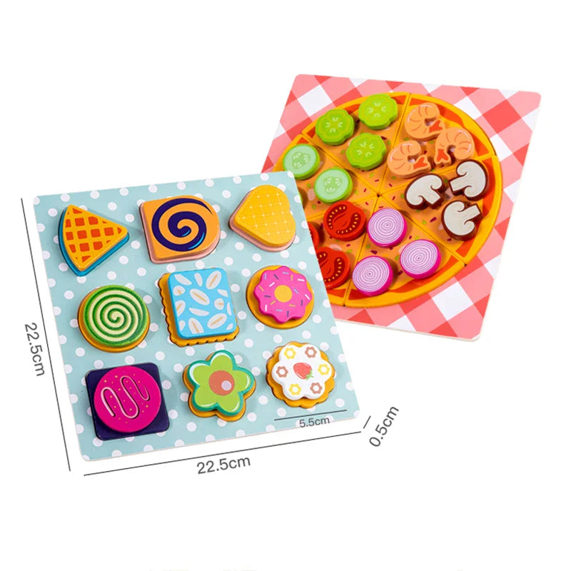 Pizza and cookie play boards with labeled dimensions, including a 22.5 cm square cookie board