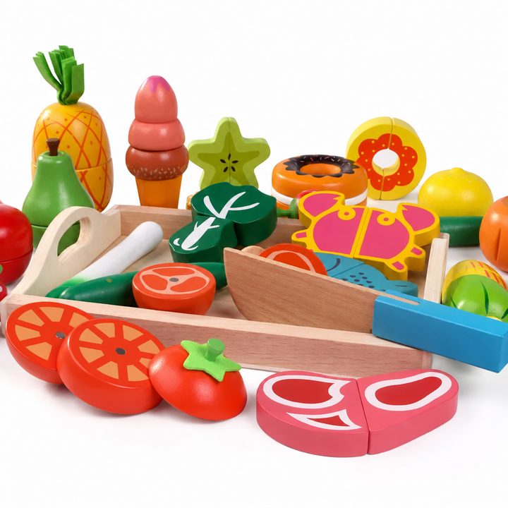 Wooden play food spread around trays with tomato slices, a toy steak, and wooden knives