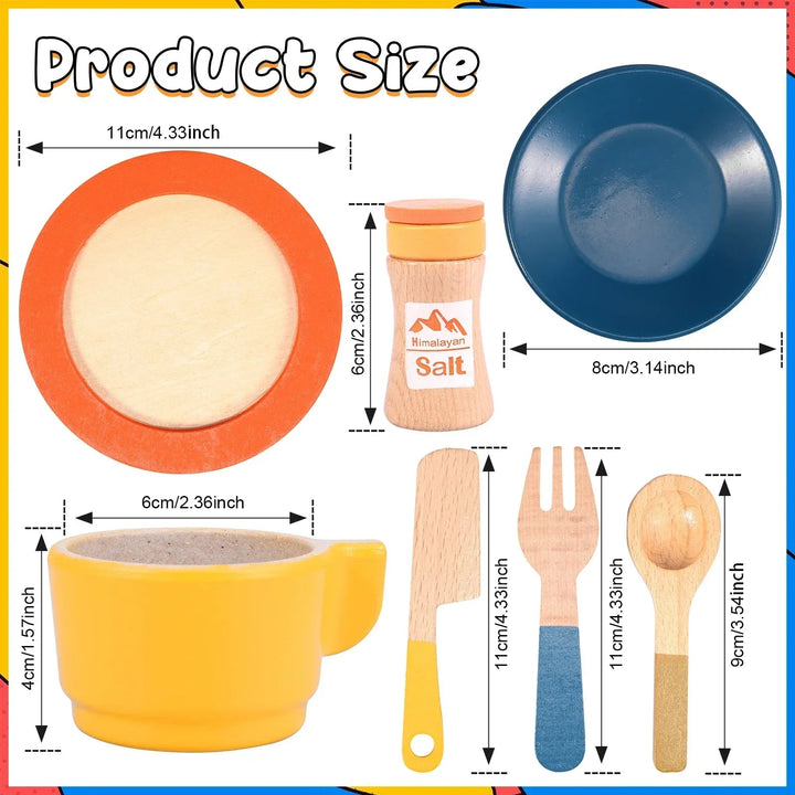 Measurement chart showing wooden play cup, plate, utensil, and ingredient jar dimensions