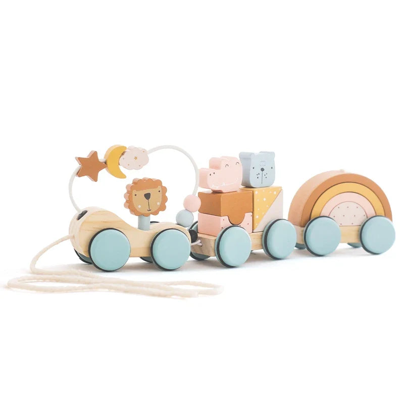 Wooden pull-along bead maze train with pastel wheels, colorful blocks, and a rainbow