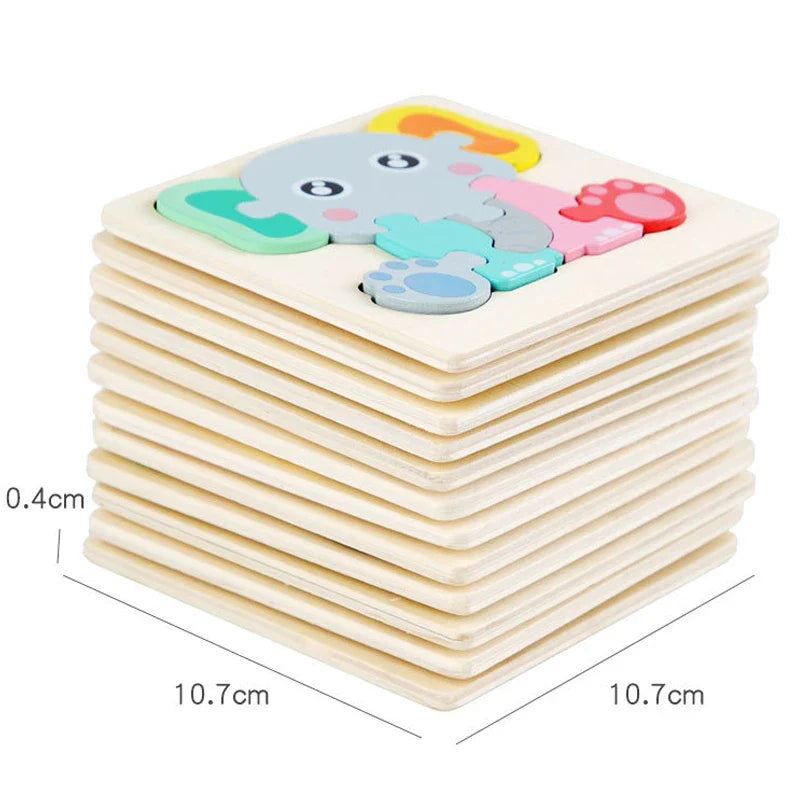 Stacked square wooden puzzle boards with 10.7 cm side measurements and 0.4 cm board thickness