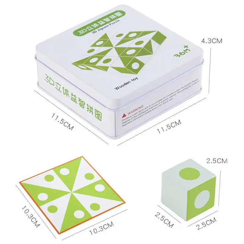 Measurements for the storage box, square pattern card, and wooden puzzle cube