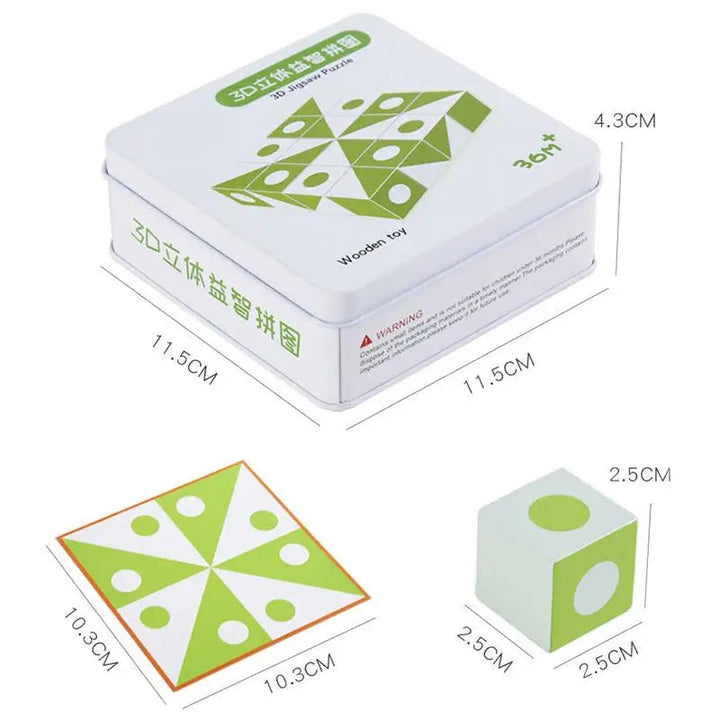 Measurements for the storage box, square pattern card, and wooden puzzle cube